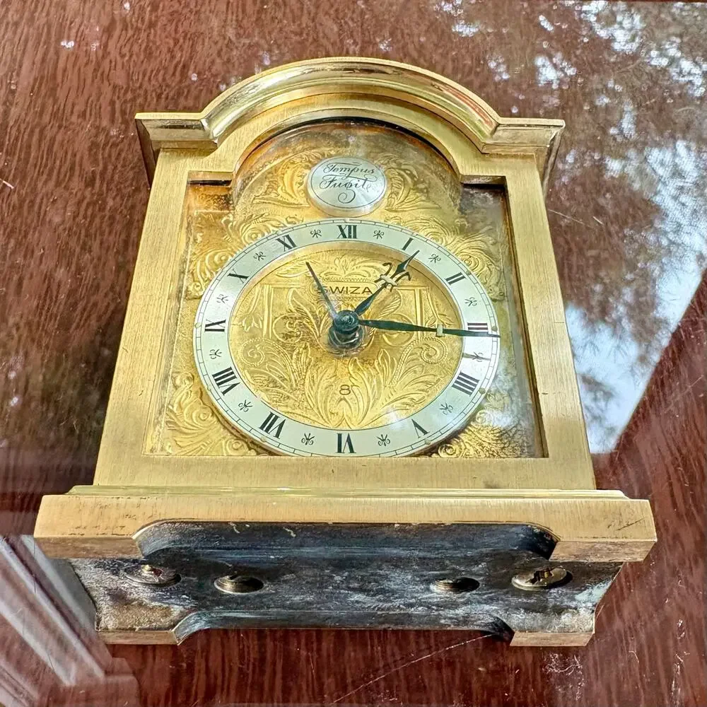 Vintage Swiza Swiss Brass Alarm Clock Tempus Fugit Mantel Clock
